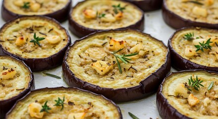 温かい光が香ばしいナスの輪切りを優しく照らすハーブとガーリックが香り立つ食欲をそそるヘルシーな一品. AI Generated