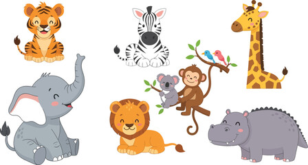 Fototapeta premium Cartoon animals tiger zebra giraffe elephant lion monkey koala hippo birds cute zoo