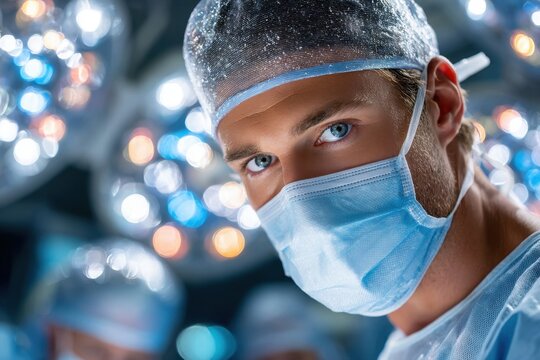 Surgeon in mask and cap in operating room