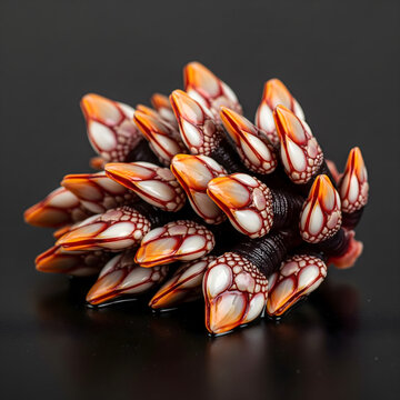A macro close-up of a cluster of goose barnacles (percebes) with white, red-brown, and orange-tipped shells, set against a dark background. Generative AI.