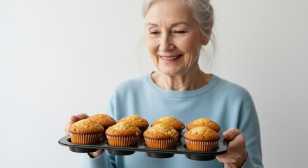 手作りマフィンを笑顔で抱えるシニア女性 陽だまりのような温かい雰囲気で心を伝える. AI Generated