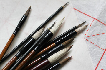 Brushes for traditional Chinese guohua painting. Large and thin brushes for calligraphy and oriental painting.