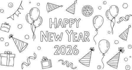  Happy new year 2026 with party elements, perfect for coloring pages, invitations, and festive designs for upcoming year