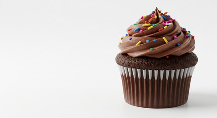 真っ白な空間にぽつんと置かれたチョコレートカップケーキふんわり甘いチョコクリームとカラフルなスプリンクルが明るい光の下美味しそうに輝く可愛らしいデザート. AI Generated