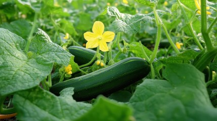 Cucumber plant with yellow flower blooming among green foliage