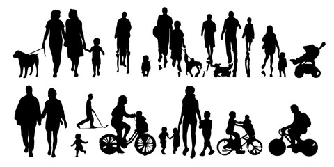 Diverse group of people in silhouette walking and cycling with children and pets outdoors