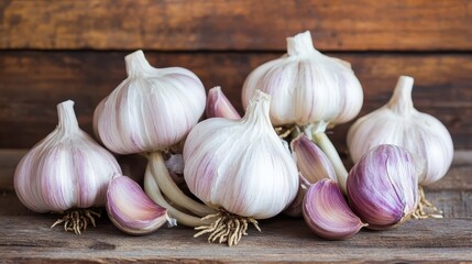 Fresh Garlic Bulbs and Cloves Displayed on a Wooden Surface