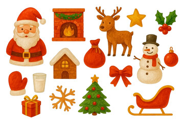 Watercolor set of christmas symbols including santa, a fireplace, reindeer, snowman, tree, and sleigh isolated on white. Festive elements for holiday decorations and greeting cards