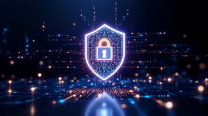 Cyber security concept showing a digital shield with padlock for data protection and network safety