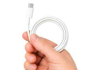A person's hand holding a white USB-C charging cable for the concept of technology and connectivity.