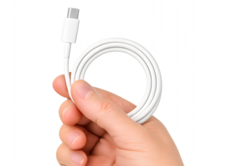A person's hand holding a white USB-C charging cable for the concept of technology and connectivity.