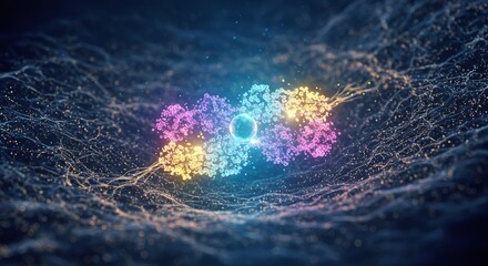 深淵な宇宙空間で虹色の光が鮮やかに脈動する複雑精巧な中央構造 無数の輝く粒子が有機的に波打ち広がる未来的なデジタルネットワークが織りなす神秘的な美学. AI Generated