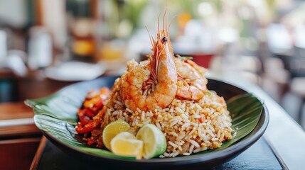 Delicious Indonesian Nasi Goreng with Fried Shrimp and Rice