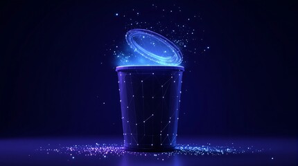 Digital trash can concept with glowing particles for data deletion and cyber security illustration design