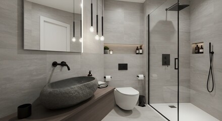 洗練されたモダンミニマリストデザインの快適なバスルーム独特の天然石洗面ボウルが空間に温かみを添えるスタイリッシュな黒い備品と落ち着いたグレーの壁が調和し柔らかな間接照明が贅沢で穏やかなリラックス空間を創り出す. AI Generated