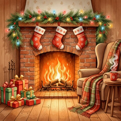 Cozy watercolor christmas scene of a brick fireplace with three stockings, a roaring fire, gifts, and an armchair with a plaid blanket. Warm festive atmosphere of a winter evening