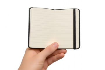 Hand holding an open notebook, ready for writing, capturing the essence of planning and thought.