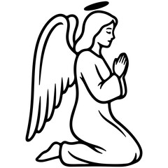 Black and White Illustration of a Praying Angel with Wings and Halo on White Background Representing Spirituality and Faith