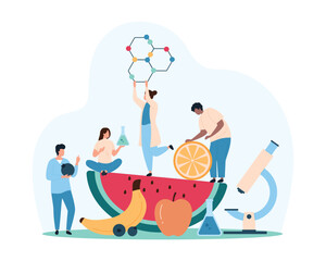 Food quality test, analysis in scientific laboratory. Tiny people holding chemical molecule and flask, control safety of fruits at farmers market or grocery store cartoon vector illustration