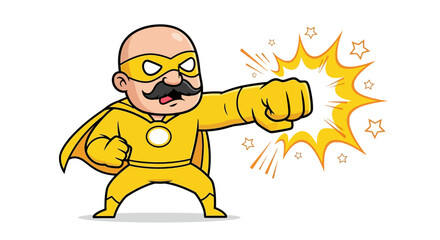 Cartoon bald superhero with a mustache striking a powerful blow radiates energy and strength