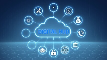 Neon digital hud system network animation. Digital data connection interface. Futuristic technology communication system. Ai and cloud computing concept.Secure information and 4k animated motion video - Powered by Adobe