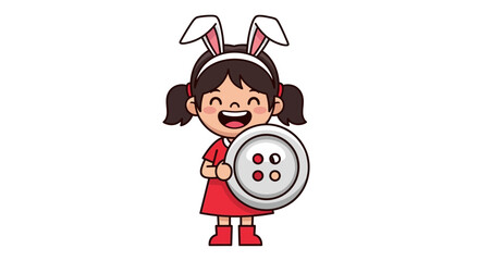 Obraz premium Cheerful cartoon girl with bunny ears holding a button, perfect for children's illustration