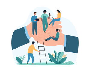 Wellbeing working support by employer and insurance protection of employees at workplace. Big hands of corporate company leader hold group of tiny people with comfort cartoon vector illustration