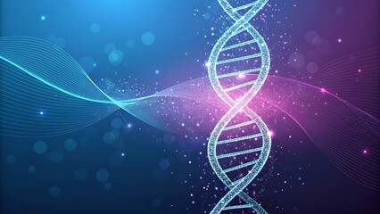 Abstract digital illustration of a glowing DNA double helix structure on a futuristic blue and purple background, representing genetic science and biotechnology
