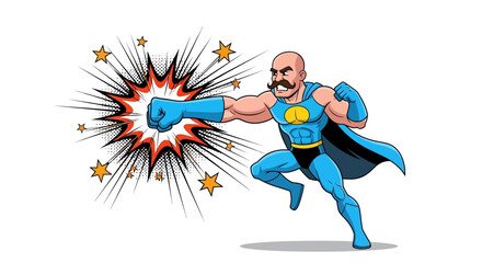 Cartoon superhero punching with energy explosion and dramatic comic book style