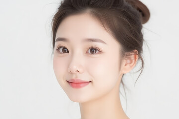 Fototapeta premium Female Asian Model with Short Hair - Young Beautiful Woman with Hair Bun - Studio Portrait of Asian Beauty for Fashion, Cosmetic, Skincare - Posing on White Background - Smooth Tied Hair