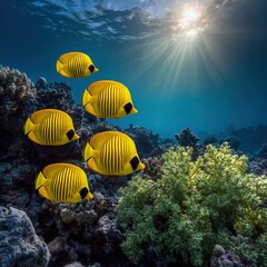 Fototapeta premium Colorful tropical fish swim near coral reef in clear blue water