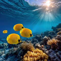 Naklejka premium Tropical fish swim through colorful coral reefs under bright sunlight