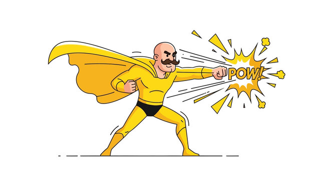 Dynamic bald superhero with mustache delivering a powerful punch in an action pose
