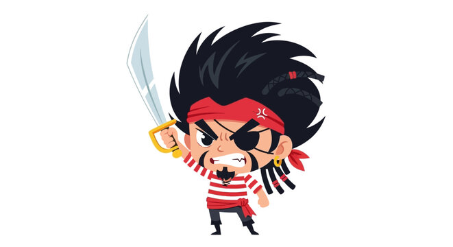 Cartoon illustration featuring a spirited pirate character with a menacing expression and sword