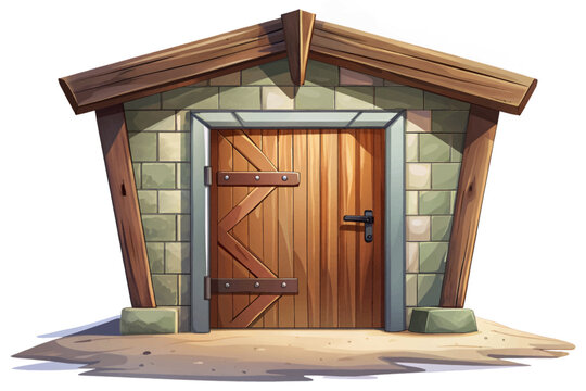 Minimal horse stable entrance with wooden door, shadow, and clean rustic texture isolated on pure white background for design composition and print use