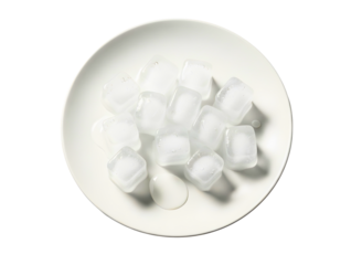Pile of clear ice cubes on a white plate isolated on transparent background