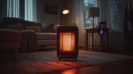 A cozy living room scene featuring a warm electric heater with glowing elements. Soft lighting from a lamp and natural light through curtains create a comfortable atmosphere.