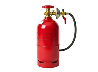 Red fire extinguisher with hose and valve isolated on transparent background