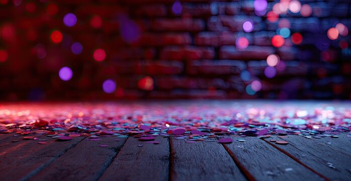 Festive, vibrant scene with confetti on wooden floor