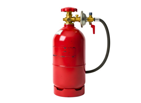 Red fire extinguisher with hose and valve isolated on transparent background