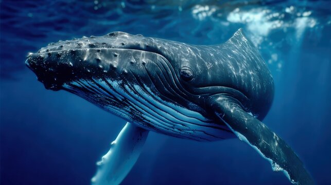 Giant whale swims gracefully in the deep blue ocean on a calm day