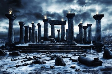 Ancient ruined columns with skeletal remains and skulls scattered in a desolate stormy landscape