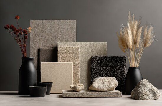 Neutral color palette display of textiles and stones