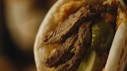Shawarma sandwich with beef and pickles in a pita close up