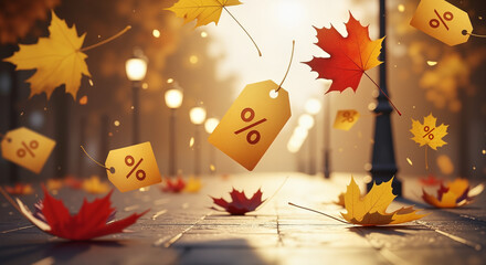 Gently falling autumn leaves with sale tags in warm evening light  