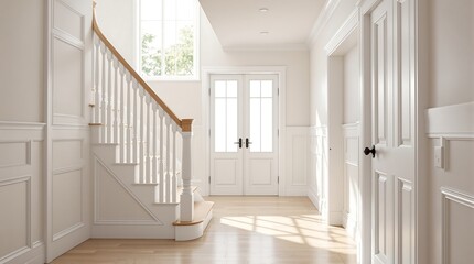 Bright white entryway interior design with staircase doors and wood floor home architecture inspiration