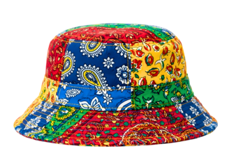 Colorful patchwork bucket hat with tie dye and floral patterns isolated on transparent background