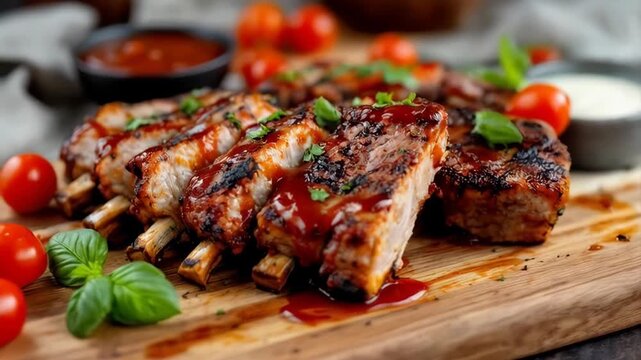 Juicy Grilled Pork Ribs Glazed With Barbecue Sauce Garnished With Fresh Basil And Cherry Tomatoes Served On A Wooden Board With Dipping