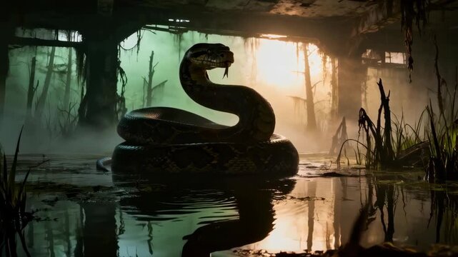 Large Python Coiled in Swampy Marshland Under Dramatic Sunlight and Foggy Atmosphere Detailed Reptile Scales and Reflective Water Surface