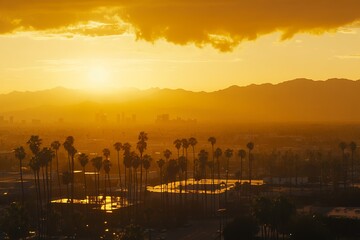 Golden sunset over a sprawling city skyline with silhouetted palm trees and distant mountains